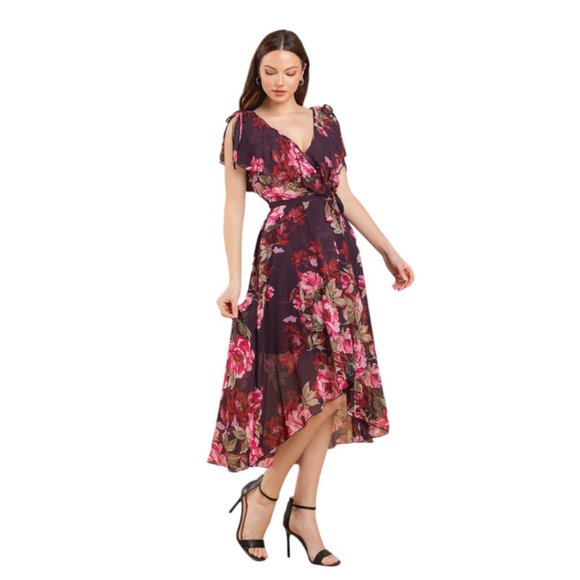 Dresses & Skirts - Plum and Red Roses Wrapped Ruffles Hi-Lo Midi Dress - Size 8